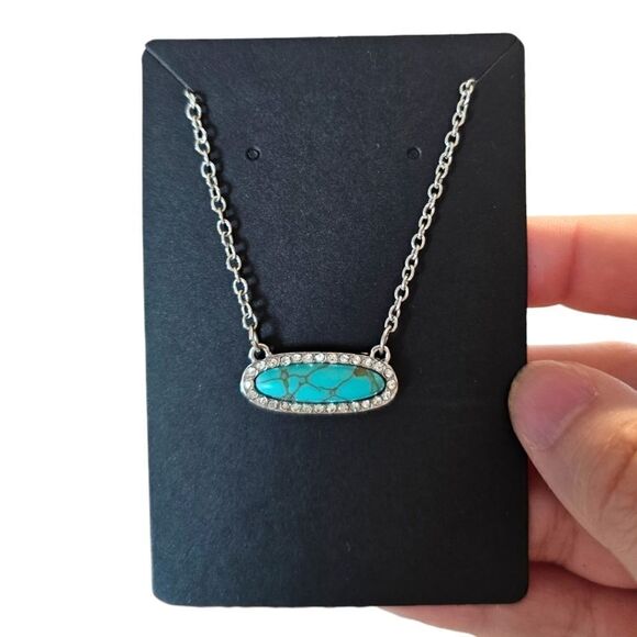 Silver-Tone Turquoise Color Stone Necklace - Picture 1 of 10